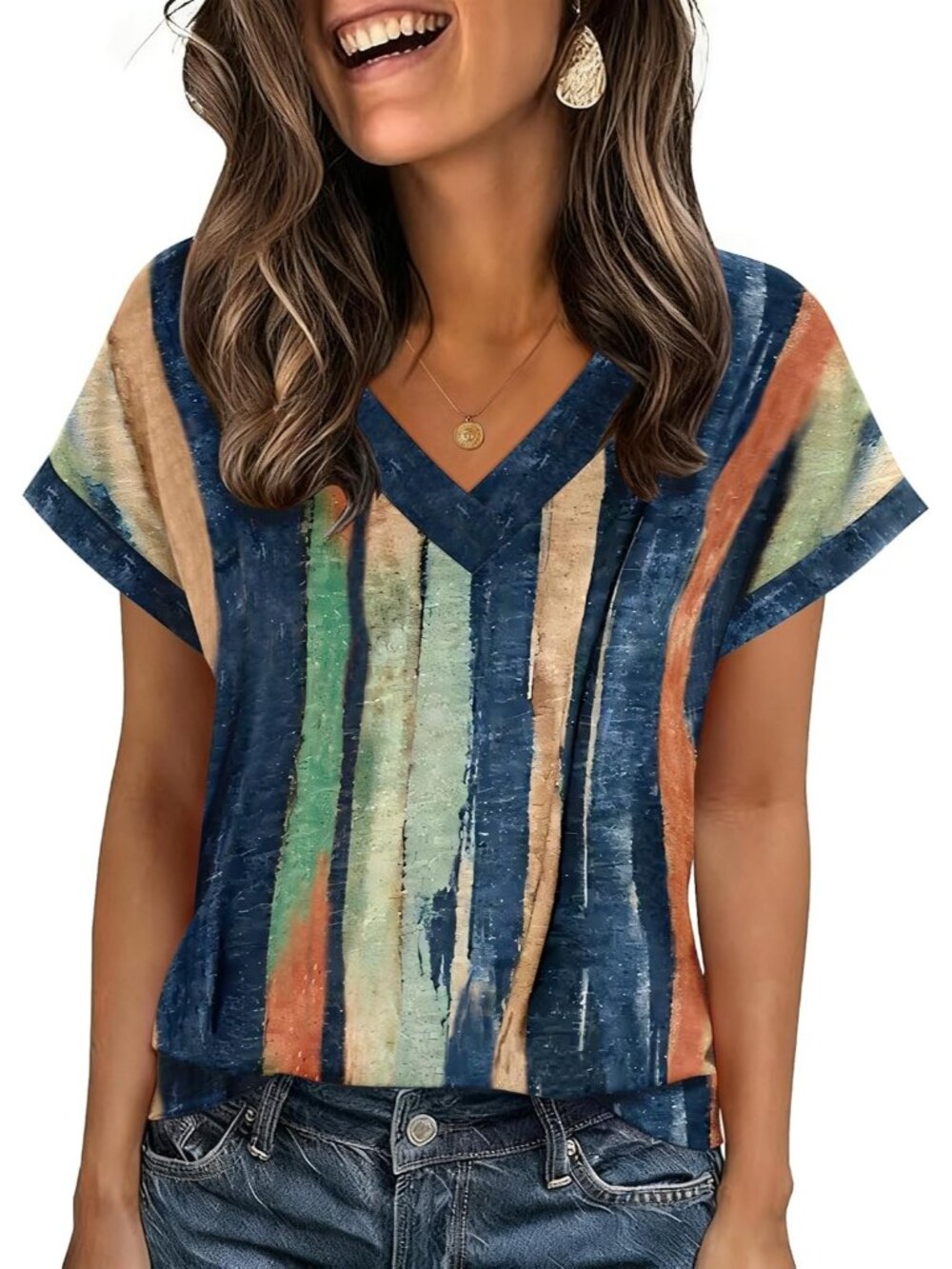 Women's Multicoluor Short Sleeve V Neck Basic Tees Shirts Casual Tops Blouses